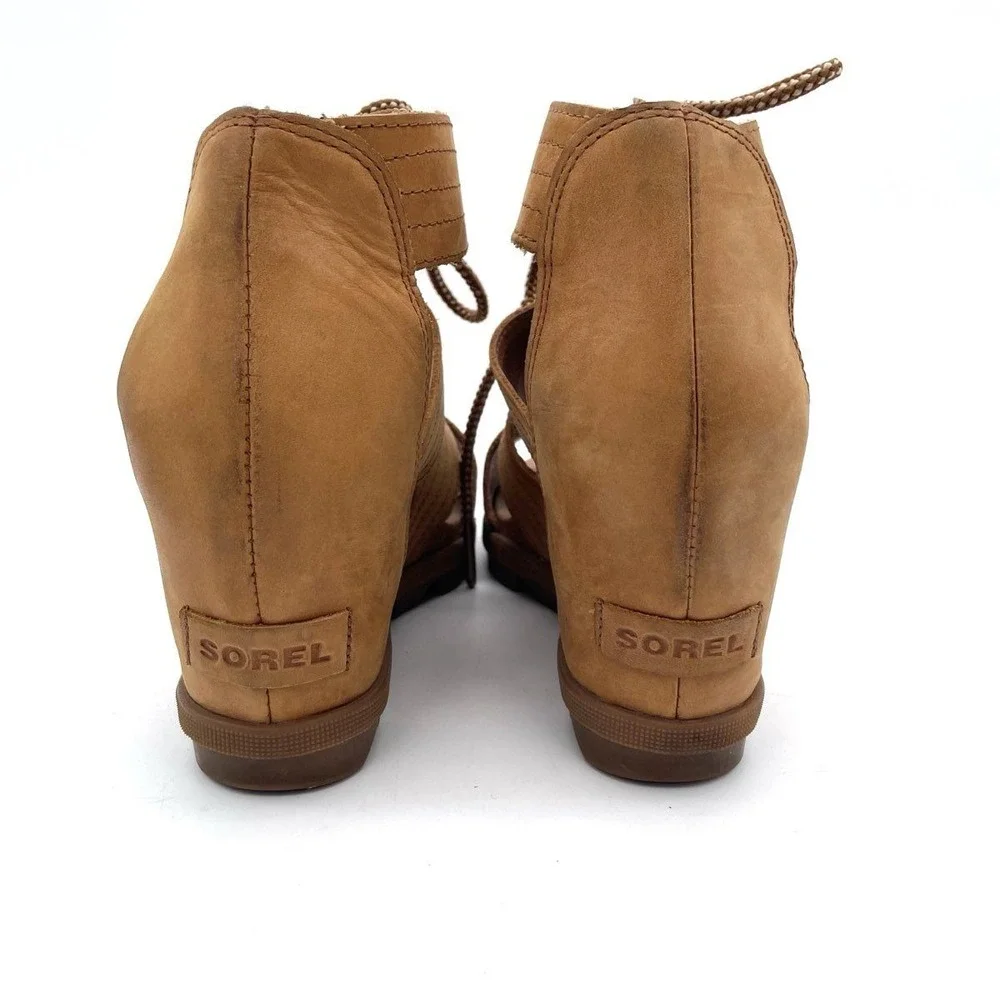 Sorel Joanie Lace Wedge Sandals Womens Size 10 Camel Tan Leather Gladiator